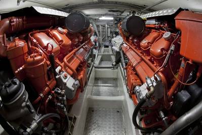 Engine room of a sea rescue boat powered by two Scania 16-liter marine engines, V8. (Photo: Dan Boman)