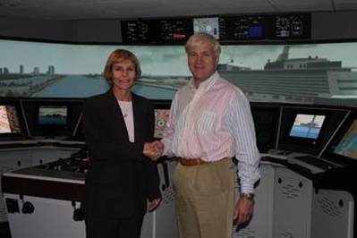 Denise Johnston, Director, Resolve Maritime Academy (left) and Svein Sleipnes, Senior Vice President, Marine Operations at Norwegian Cruise Line (right) at Resolve Maritime Academy’s Simulation Training Center