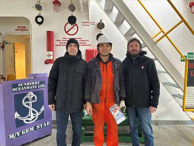 Father Alexander Smerechynskyy, Stella Maris Odesa port chaplain, and Rostyslav ‘Rostik’ Inzhestoikov, director of its local centre, with a seafarer on board a ship in Odesa.