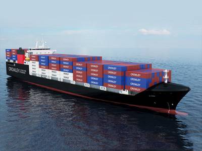 Rendering of Crowley's LNG-powered combination container and roll-on/roll-off (ConRo) ships, the first in the world, designed for service between the U.S. and Puerto Rico. (Image: Crowley)