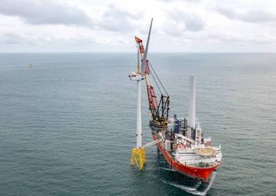 Europe’s first commercial 10 MW turbine was installed in December 2021 at Scotland’s Seagreen offshore wind farm by Cadeler’s Wind Osprey.©SSE Renewables