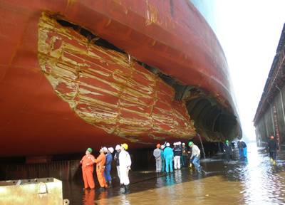 Evidence of the success of double-hull tankers: The Norwegian tanker SKS Satilla collided with a submerged oil rig in the Gulf of Mexico in 2009 and despite this damage, did not spill any oil. (Photo: Texas General Land Office)