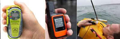 Exemplar personal locator beacon (left) and satellite emergency notification device (center), and a personal locator beacon attached to a lifejacket (right). (Source: Bluewatersailing.com (left), Powerandmotoryacht.com (center), and Varen (right)) 