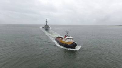 Ex-USS Taylor was towed from Philadelphia to Charleston by Crowley’s Invader class tug Monitor (Photo: Crowley)