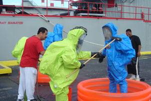 Qatar firefighters learn decontamination techniques at RESOLVE Maritime Academy. Photo courtesy Resolve Marine