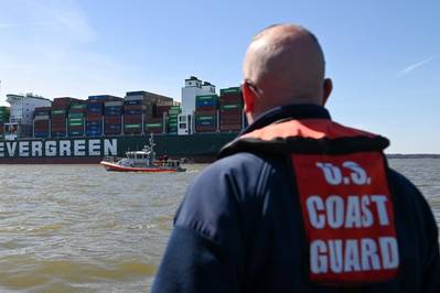 File photo: A Coast Guard response crew monitors the 1,095-foot motor vessel Ever Forward, which became grounded in the Chesapeake Bay, March 13, 2022. (Photo: Kimberly Reaves / U.S. Coast Guard)