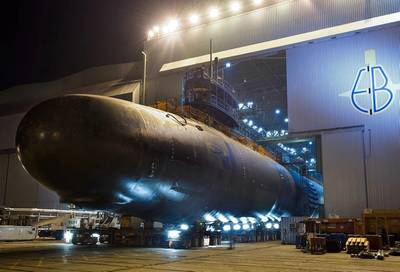 File photo: A U.S. Navy submarine is rolled out of an indoor shipyard facility at General Dynamics Electric Boat in Groton, Conn. (U.S. Navy photo courtesy of General Dynamics)