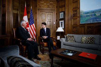 File photo: Canadian Prime Minister Justin Trudeau meets with U.S. Secretary of State Rex Tillerson in Ottawa in December 2017 (Photo: Government of Canada)