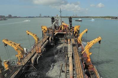 File photo: Great Lakes' hopper dredge Padre Island in Galveston Channel in August 2023. (Credit: Luke Waack / U.S. Army Corps of Engineers)