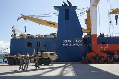 FILE PHOTO: Military Sealift Command’s general purpose, heavy-lift vessel MV Ocean Jazz prepares to receive U.S. Army equipment at the pier in Subic Bay, Olongapo, Philippines, in May 2018. (Photo: Grady T. Fontana / U.S. Navy)
