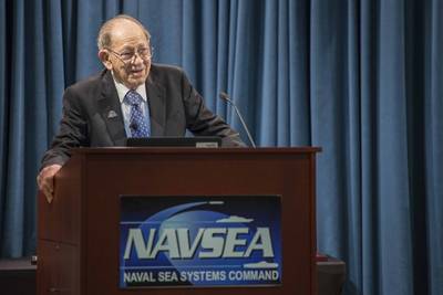 File photo: Sarkis Tatigian delivers remarks during a celebration of his 75 years of federal service at the Washington Navy Yard in 2017. (U.S. Navy photo by Jackie Hart)