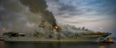 Fire rages on board USS Bonhomme Richard (LHD 6) at Naval Base San Diego, July 12, 2020. (Photo: Austin Haist / U.S. Navy)