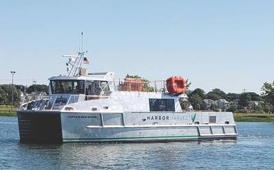 First-of-its-kind cargo vessel Captain Ben Moore delivers local produce and food across Long Island Sound. Built by Derecktor Shipyards, the aluminum catamaran is powered by two Cummins QSB 6.7 diesels, and lithium batteries connected to a pair of BAE Systems HybriDrive electric motors.  (Credit: Harbor Harvest)