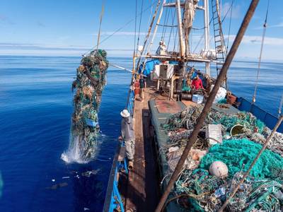Fishing nets and debris being removed from the North Pacific Gyre by the crew of S/V KWAI. © Ocean Voyages Institute