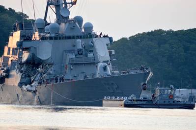 USS Fitzgerald Returns to Yokosuka, Japan after collision with a merchant vessel in June (U.S. Navy photo by Peter Burghart)