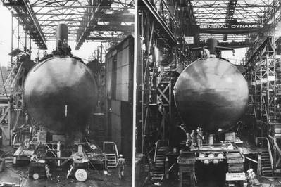 Flasher (SSN-613) (left) and Tecumseh (SSBN-628) are seen on the building ways at General Dynamics Electric Boat on 21 June 1963. They would be launched simultaneously on the following day. (Photo courtesy of Valllejo Naval and Historical Museum)