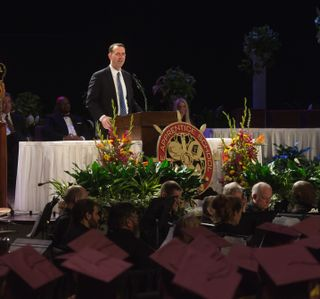 Former Chief of Naval Operations Adm. John Richardson delivers the commencement address that commemorated the centennial graduating class of The Apprentice School at Newport News Shipbuilding, Feb. 22, 2020. Photo by Ashley Cowan/HII