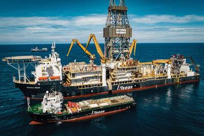 The four-kilometer airlift riser system installed upon the Hidden Gem is constructed from multiple sections of piping which must be sequentially lowered to the seafloor.
Image courtesy of TMC
