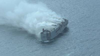 Freemantle Highway car carrier burning off the Dutch coast - Credit: Dutch Coast Guard