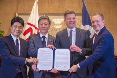 From left: Masashi Kobayashi, department manager of the ship department of Marubeni Corporation; Kosuke Takechi, COO of Marubeni Corporation; Lasse Kristoffersen CEO and president of Klaveness and Michael Jørgensen, head of dry bulk at Klaveness. (Photo: Klaveness)