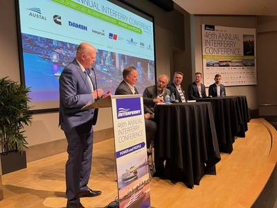 From left: Mike Corrigan, Interferry, Anders Rundberg – Carus, Finland, Peter Ståhlberg – Wasaline, Finland, John Bertell – Carus, Finland, Alex Peirce – Brock Solutions, Canada, Travis Raines – Brock Solutions, Canada. Image courtesy Interferry.