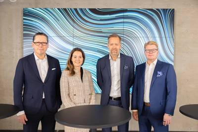 From left: Remi Eriksen, Group President and CEO at DNV; Liv Hovem, CEO of DNV’s Accelerator; Teemu Salmi, CEO Nixu and DNV Cyber; Jari Nisk, Chairman of the Board at Nixu. (Photo: DNV)