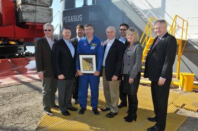 From left: Steve Doering, Director, Center Operations, Marshall Space Flight Center; Dan Conrad, Senior Vice President Conrad Shipyard; Michael Kynard, Deputy Director, Michoud Assembly Facility; Stephen Bowen, NASA Astronaut; Johnny Conrad, President and CEO, Conrad Shipyard; Todd May, Program Manager, Space Launch Systems; Teresa Vanhooser, Deputy Center Director, Marshall Space Flight Center; and Malcolm Wood, Deputy Chief Operating Officer, Michoud Assembly Facility