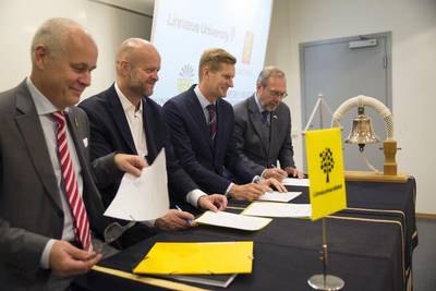 From left: Ted Bågfeldt, Head of Academy, Kalmar Maritime Academy, Linnaeus University; Paal Aamaas, Senior Vice President, Kongsberg Digital; Tord Ytterdahl, Deputy CEO, Viking Supply Ships; and Ulf Gullne, Head of the Swedish Maritime Administration’s Ice-breaking Division signing the MoU for academic exchange and cooperation within the framework of the Kalmar Ice Academy. (Photo: Kongsberg)