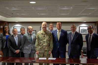 From left: Tiffany Burroughs, Chief of Navigation, USACE; Richard Balzano, Executive Director, Dredging Contractors of America; Al Wong, Deputy Chief of Safety, USACE; Michael Gerhardt, Executive Director, CDMCS; MG William H. Graham, Deputy Commanding General for Civil and Emergency Operations, USACE; Keith Jones, Floating Plant Manager, USACE; Devon Carlock, President, CDMCS; Tom Smith, Chief of Operations and Regulatory, USACE; and Mark Atkins, Chief of Safety, USACE. (Photo: USACE)