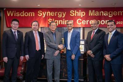From left to right: Bryan Chang, Assistant Vice President, Business & Operation Dept, Wisdom Marine Group; YG Lin, President, Wisdom Marine Agency; James Lan, Chairman, Wisdom Marine Group; Captain Rajesh Unni, Founder and Executive Chairman, Synergy Marine Group; Ajay Chaudhry, Co-CEO, Ship Management, Synergy Marine Group; Capt. Shubham Kapoor, Asst. General Manager, Business Development, Synergy Marine Group.