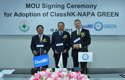 From left to right: Chairman and President Noboru Ueda from ClassNK, President Mong-Jye Lee from Evergreen Marine Corp. and President Juha Heikinheimo from NAPA Group at the signing ceremony in Taipei on April 10, 2015