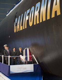From left to right, Cmdr. Dana Nelson, commanding officer, Pre-commissioning Unit California, Jackalyne Pfannenstiel, assistant secretary of the Navy, Energy, Installations and Environment; Mike Petters, president of Northrop Grumman Shipbuilding and Mrs. Donna Willard, sponsor of California. Northrop Grumman Shipbuilding christened the eighth submarine of the Virginia class, California (SSN 781), at the company's Shipbuilding sector in Newport News, Va. on Nov. 6.
