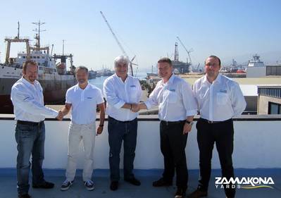 From left to right: Harry Waters, Managing Director of Subsea Masters; Álvaro Garaygordóbil, CEO Zamakona Yards Canarias; Borja Garaygordóbil, Managing Director Zamakona Yards Canarias; David Fletcher, Managing Director GEV Offshore and James Rothwell, Project Engineer GEV Offshore (Photo: Zamakona Yards)