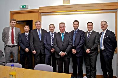 From left to right: Michael Cobb, ExxonMobil; Andrew Scott, Babcock; Ian Lindsay, Babcock; Angus Campbell, BSM; Michael Morrison, Orkney; Gavin Barr, Orkney; Mark Gilks, Calor; and Luca Volta, ExxonMobil (Photo: © Colin Keldie)