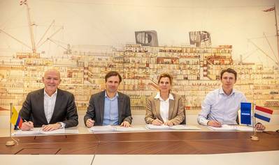 From left to right: Roland Briene (Managing Director, Damen Naval), Bart van Rijssen (Managing Director, Nevesbu), Yvonne Dortmans (Project Manager Procurement, Damen Naval), Jasper Oreel, (Project Director, Damen Naval)
Photo credit: Damen Naval