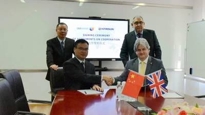 From right to left: Andrew Marshall, CEO Coldharbour Marine Ltd (seated) and Graham Cole CBE, Chairman, Coldharbour Marine Ltd (standing). On the left, Jason Lee, General Manager, Hansun (Shanghai) Marine Technology (seated) and Simon Gu, Chairman, Hansun (Shanghai) Marine Technology (Photo: Coldharbour Marine)