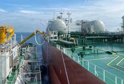 FueLNG Bellina delivering LNG bunker to Aframax tanker, Pacific Emerald. Photo Courtesy MPA Singapore