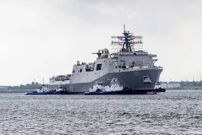 The future USS Fort Lauderdale (LPD 28) was successfully launched at the Huntington Ingalls Industries (HII) Ingalls Division shipyard in Pascagoula, Miss. on March 28. (Photo by Huntington Ingalls Industries/US Navy)
