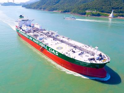 Gagarin Prospect, the world’s first Aframax tanker designed to run on LNG, is one of 40 dual-fueled ships already delivered or under construction at HHI Group. The DNV GL classed vessel is owned by Russian ship operator Sovcomflot. (Photo: HHI Group)