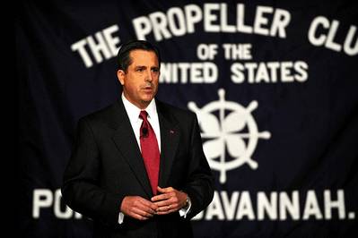 Georgia Ports Authority Executive Director Curtis Foltz addresses more than 1,200 attendees during the 2013 State of the Port address, Thursday, Sept. 12, 2013 in Savannah, Ga.