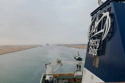 Global Mercy completed its journey through the Suez Canal, headed to the Port of Antwerp, where it will be further equipped and crewed.  The Senegalese and Egyptian governments facilitated the passage of the Global Mercy through the Suez Canal, so that the ship could pass through free of charge. Photo courtesy Mercy Ships