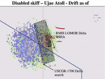 A graphic of the search area for the missing skiff near the Ujae Atoll using the Search and Rescue Optimal Planning System is a software system that uses simulated particles generated by users in a graphical interface. These particles are influenced by environmental data to provide information on search object drift. Using information on a point of origin and local currents, it calculates the most likely area to find a person in the water. (USCG graphic)