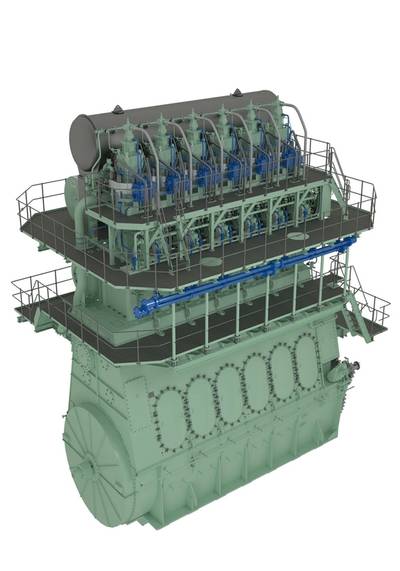 Graphical rendering of the six-cylinder version of MAN Diesel & Turbo’s S70ME-GI dual-fuel low-speed engine. Within the company’s low-speed engine portfolio, the ME-GI engine is officially designated as ME-C-GI (M-type, Electronically Controlled, GI for Gas Injection).