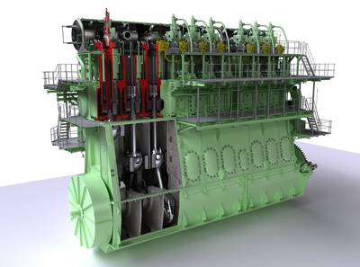Graphical rendering of the nine-cylinder, 90-cm-bore version of MAN Diesel & Turbo’s ME-GI dual-fuel low-speed engine. Within the company’s low-speed engine portfolio, the ME-GI engine is officially designated as ME-C-GI (M-type, Electronically Controlled, GI for Gas Injection)