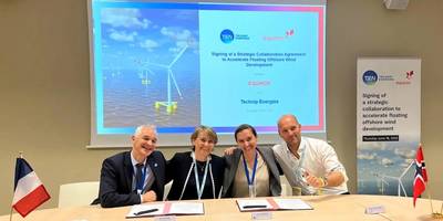 Group photo from the signing ceremony: Photo from the signing ceremony during Seanergy conference in France: Willy Gauttier (left), vice president Offshore Floating Wind BU Technip Energies, Beate Myking, senior vice president Renewables Solutions Equinor, Laure Mandrou, senior vice president Carbon-Free Solutions Business Line of Technip Energies, and Frode Sivertsen, manager Supply Chain Equinor. Image courtesy Equinor.