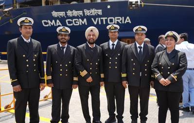 The CMA CGM Group welcomed the arrival of the first Indian flagged containership registered by a major foreign carrier, CMA CGM Vitoria, at Nhava Sheva Free port Terminal. Credit: CMA CGM
