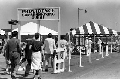 Guests arrive for the commissioning of the nuclear-powered attack submarine Providence (SSN-719) on July 27, 1985. (U.S. Navy photo by Joan Zopf, from the Department of Defense Still Media Collection)