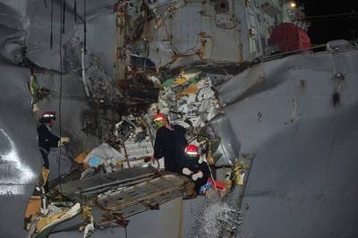 Guided-missile destroyer USS Porter (DDG 78) was damaged in a collision with the Japanese owned bulk oil tanker M/V Otowasan in the Strait of Hormuz. (U.S. Navy photo by Mass Communication Specialist 3rd Class Jonathan Sunderman)