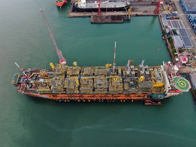  Guyana-bound: The Chinese-built Liza Unity FPSO last year arrived in Singapore for topsides integration. The FPSO is destined for the ExxonMobil-operated Liza field development in Guyana. (Photo: SBM Offshore)