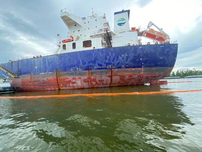 Hafnia Rhine discharged an estimate of 2,100 gallons of oil before its crew secured the source of the discharge. (Photo: U.S. Coast Guard Sector New Orleans)